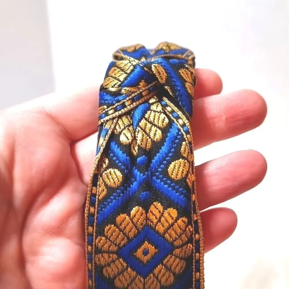 JEWELTONE JACQUARD SATIN FABRIC top knot royal blue gold black headband